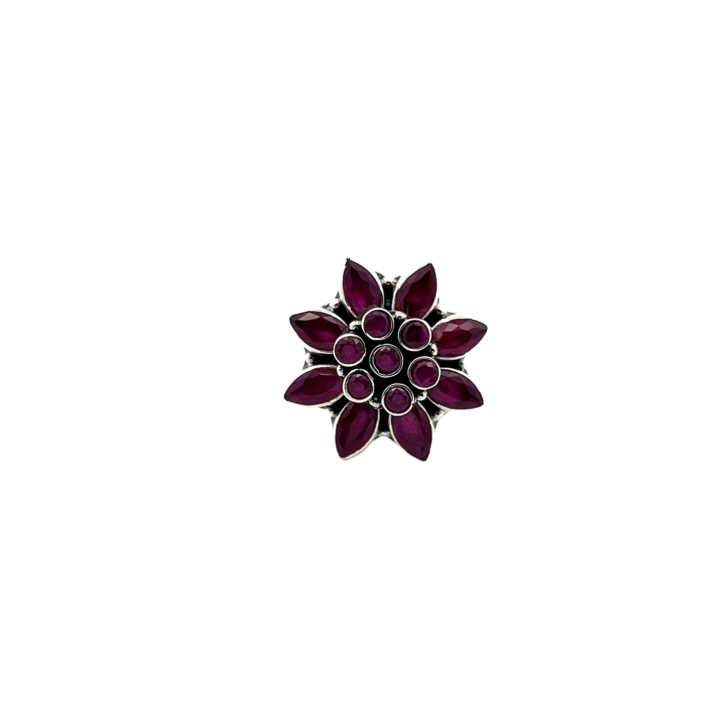 Ruby Floral Cut Stone Silver Ring