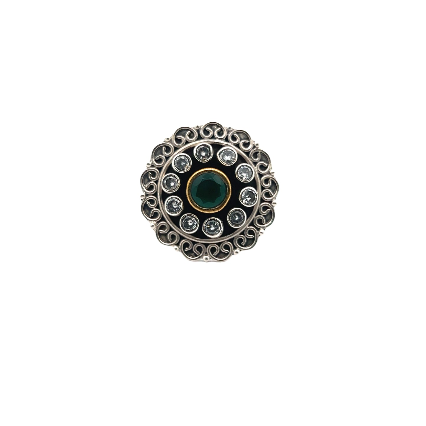 Floral Green Cut Stone Silver RIng