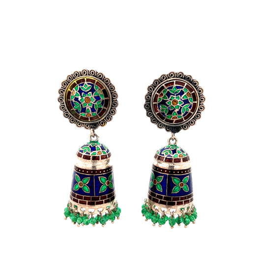 Blue Enamel Silver Jhumka Earrings