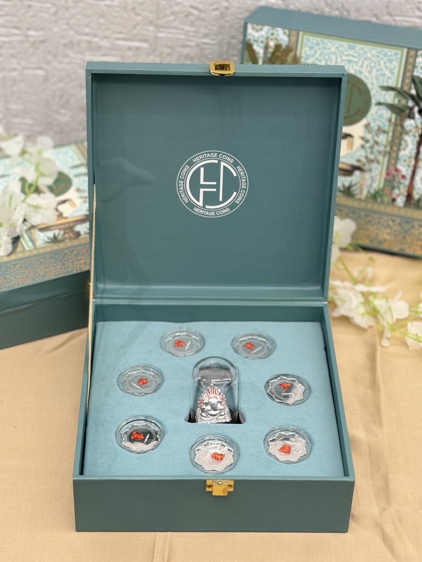 Silver Ganesha Idol with Coins Gift Set