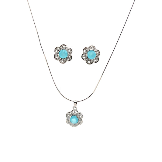 Sky Blue CZ Flower Silver Pendant Set