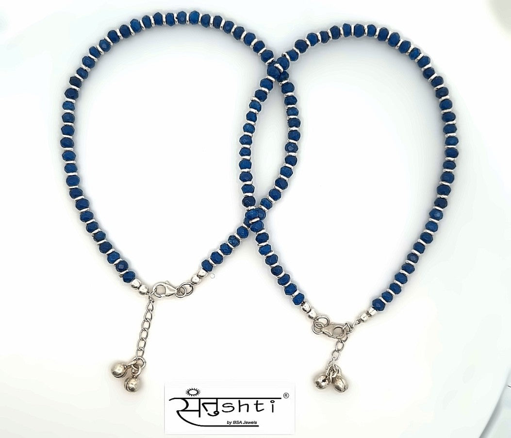 Blue Beaded Silver Anklet