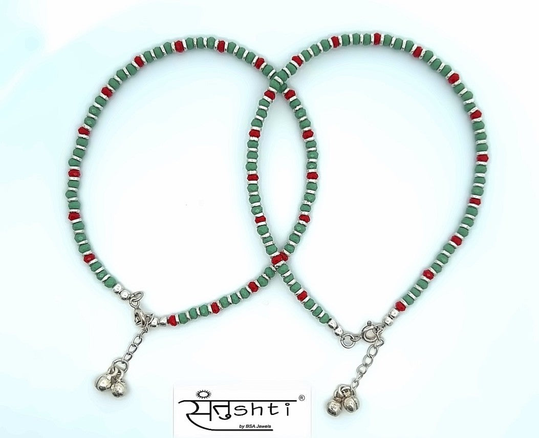 Green Beaded Silver Anklet